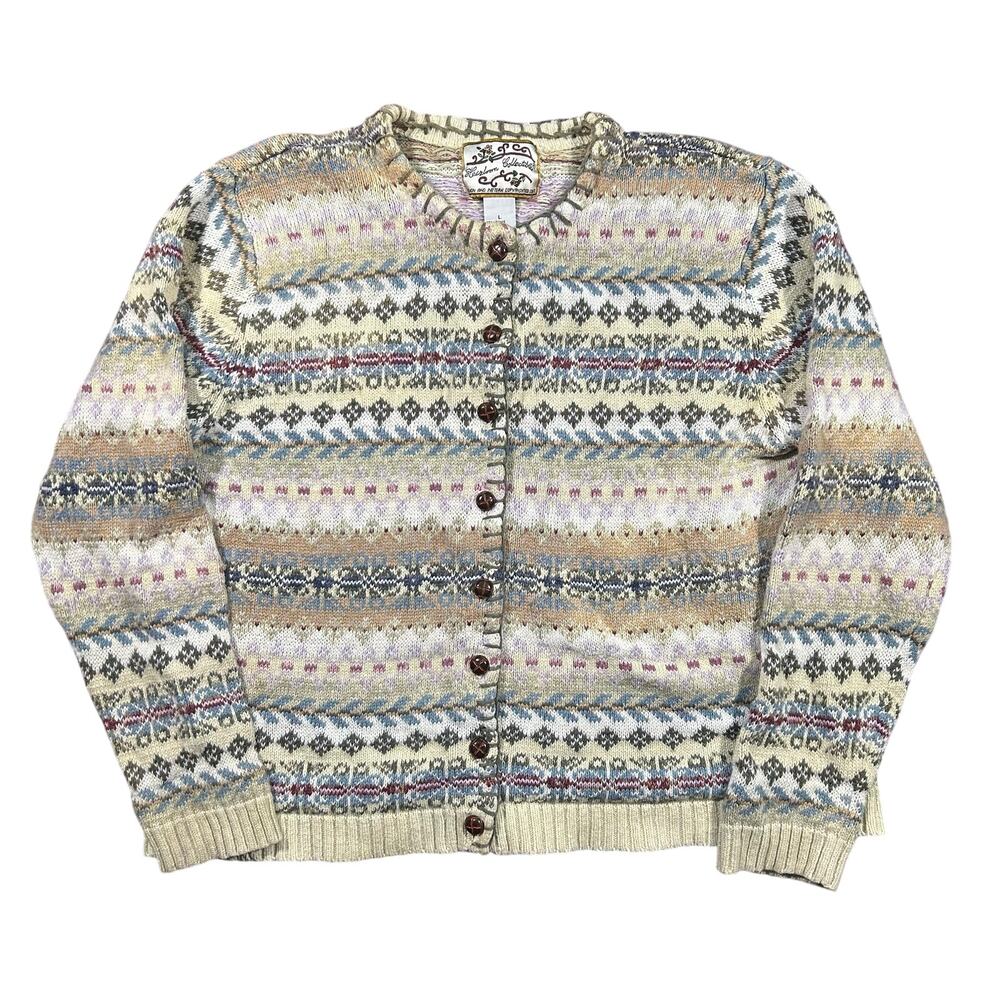 Vintage Ramie Cotton Cardigan Sweater Heirloom Collectibles Fair Isle Womens L
